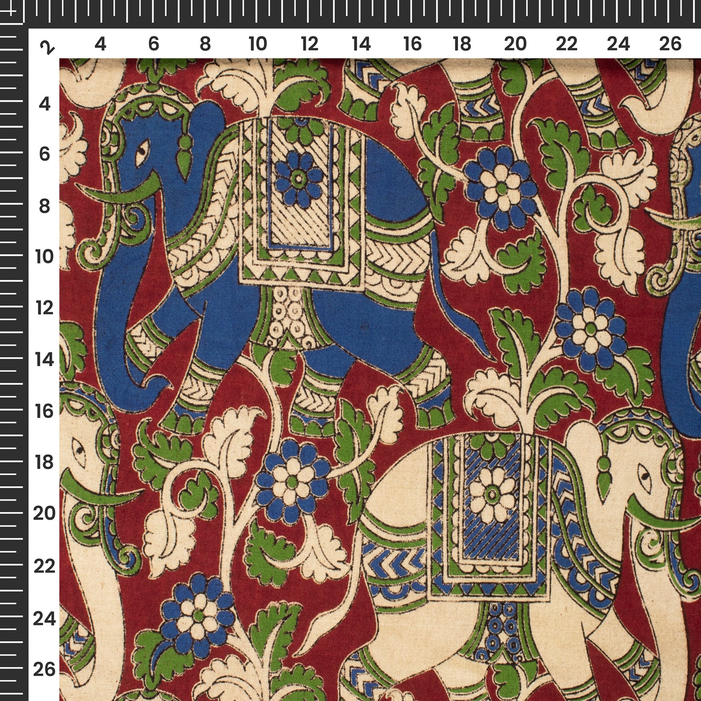 Maroon And Blue Animal Kalamkari Cotton Fabric