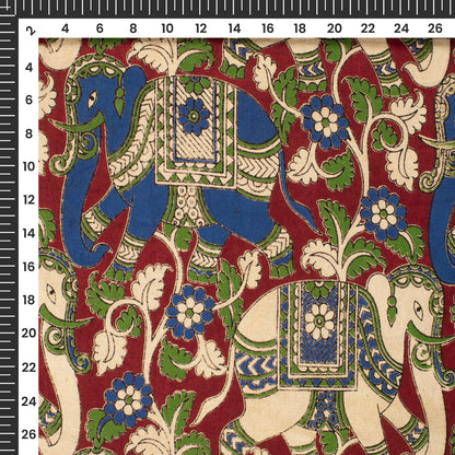 Maroon And Blue Animal Kalamkari Cotton Fabric