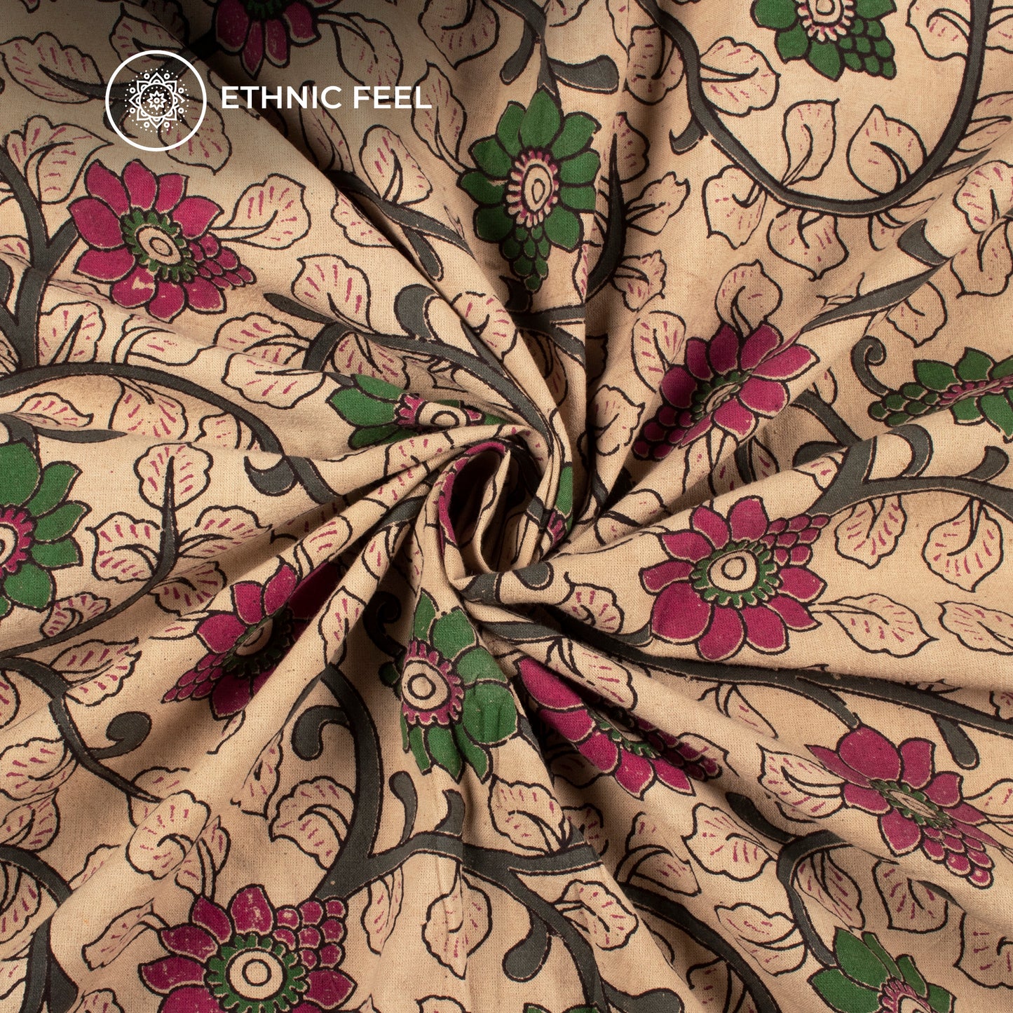 Rich Maroon And Dark Green Floral Kalamkari Cotton Fabric