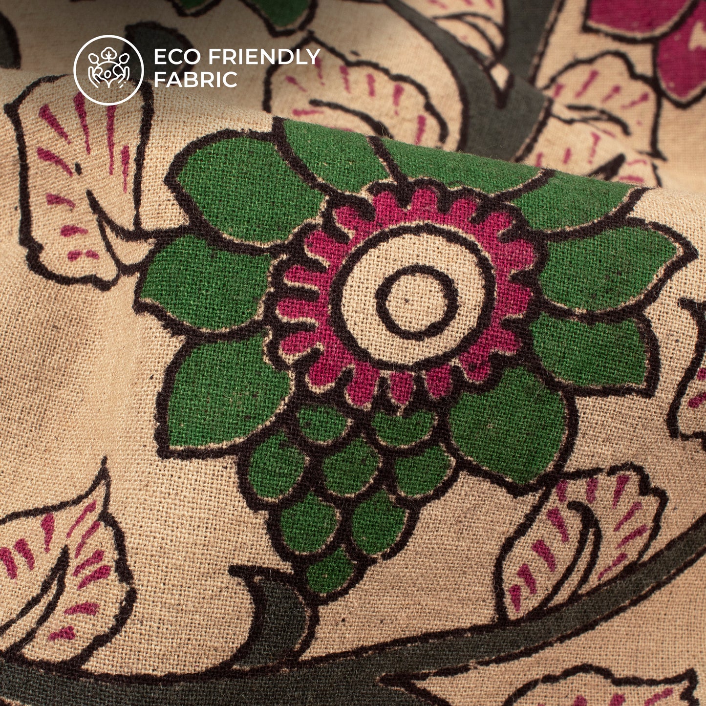 Rich Maroon And Dark Green Floral Kalamkari Cotton Fabric