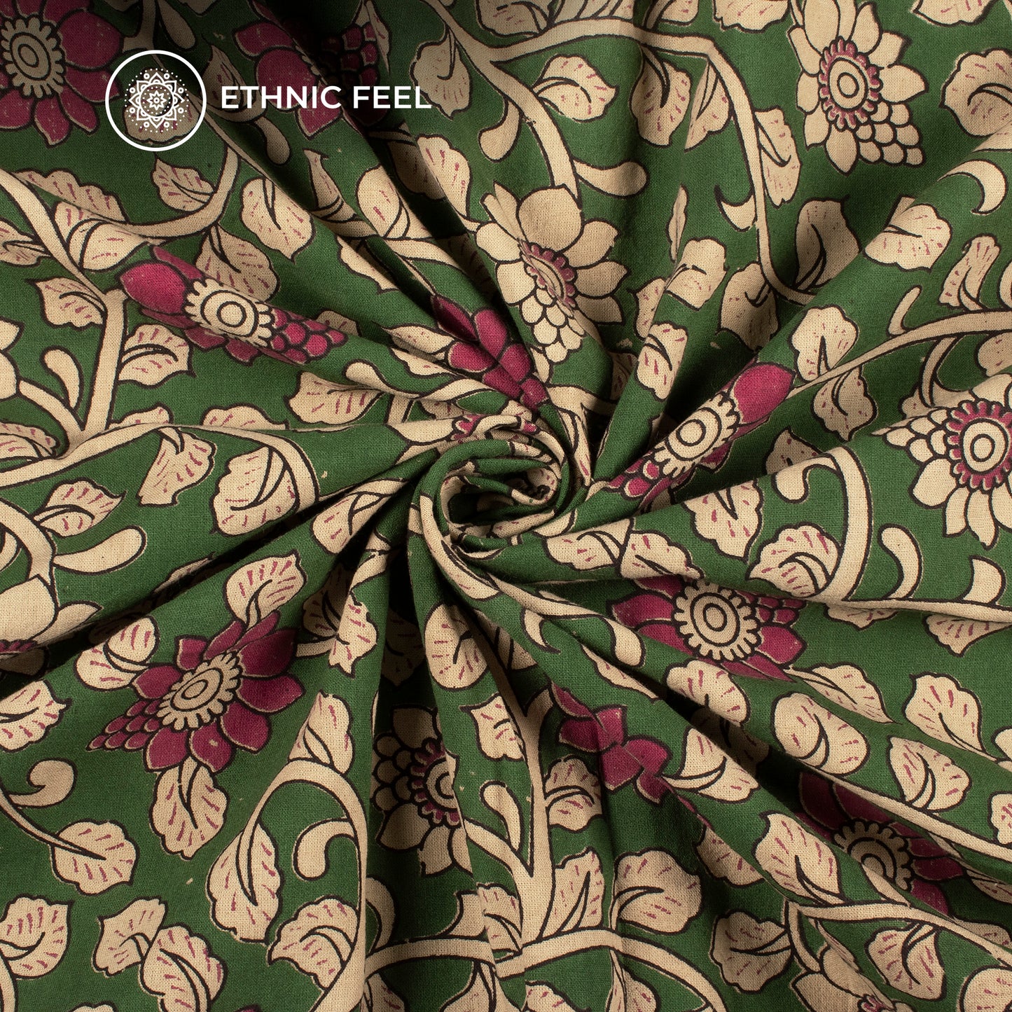 Rich Maroon And Forest Green Floral Kalamkari Cotton Fabric