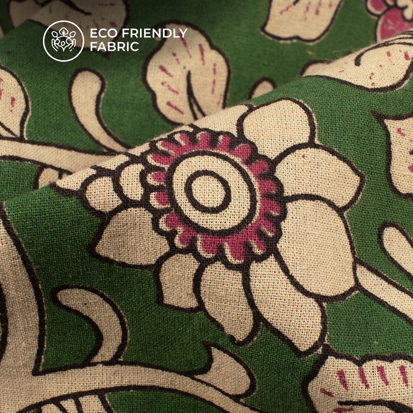 Rich Maroon And Forest Green Floral Kalamkari Cotton Fabric