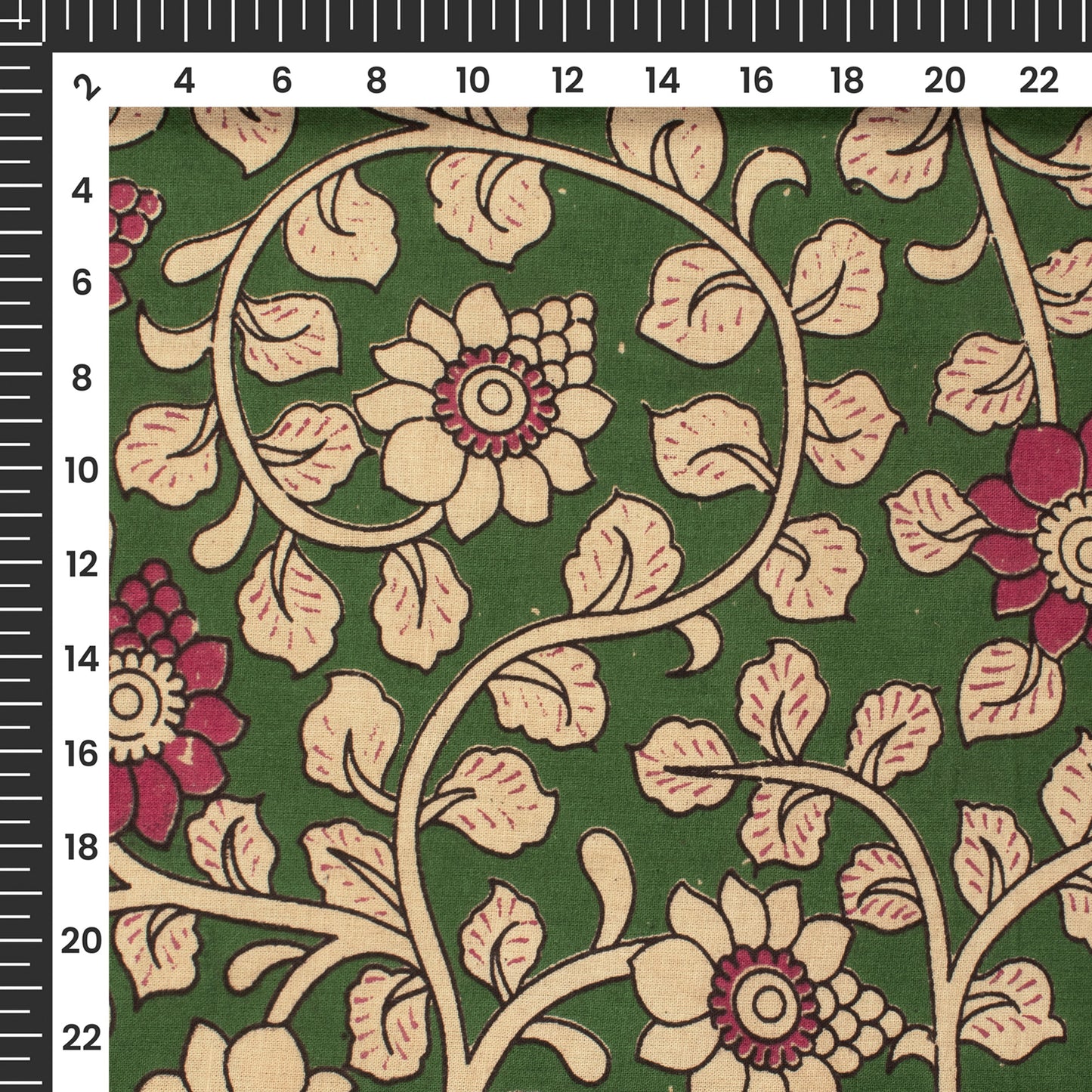 Rich Maroon And Forest Green Floral Kalamkari Cotton Fabric