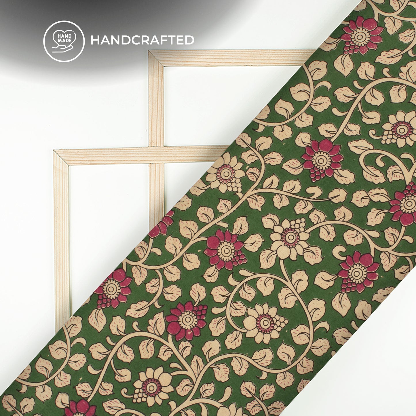 Rich Maroon And Forest Green Floral Kalamkari Cotton Fabric