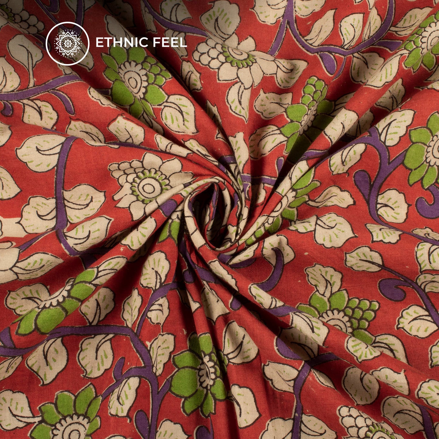 Vermillion Red And Kelly Green Floral Kalamkari Cotton Fabric