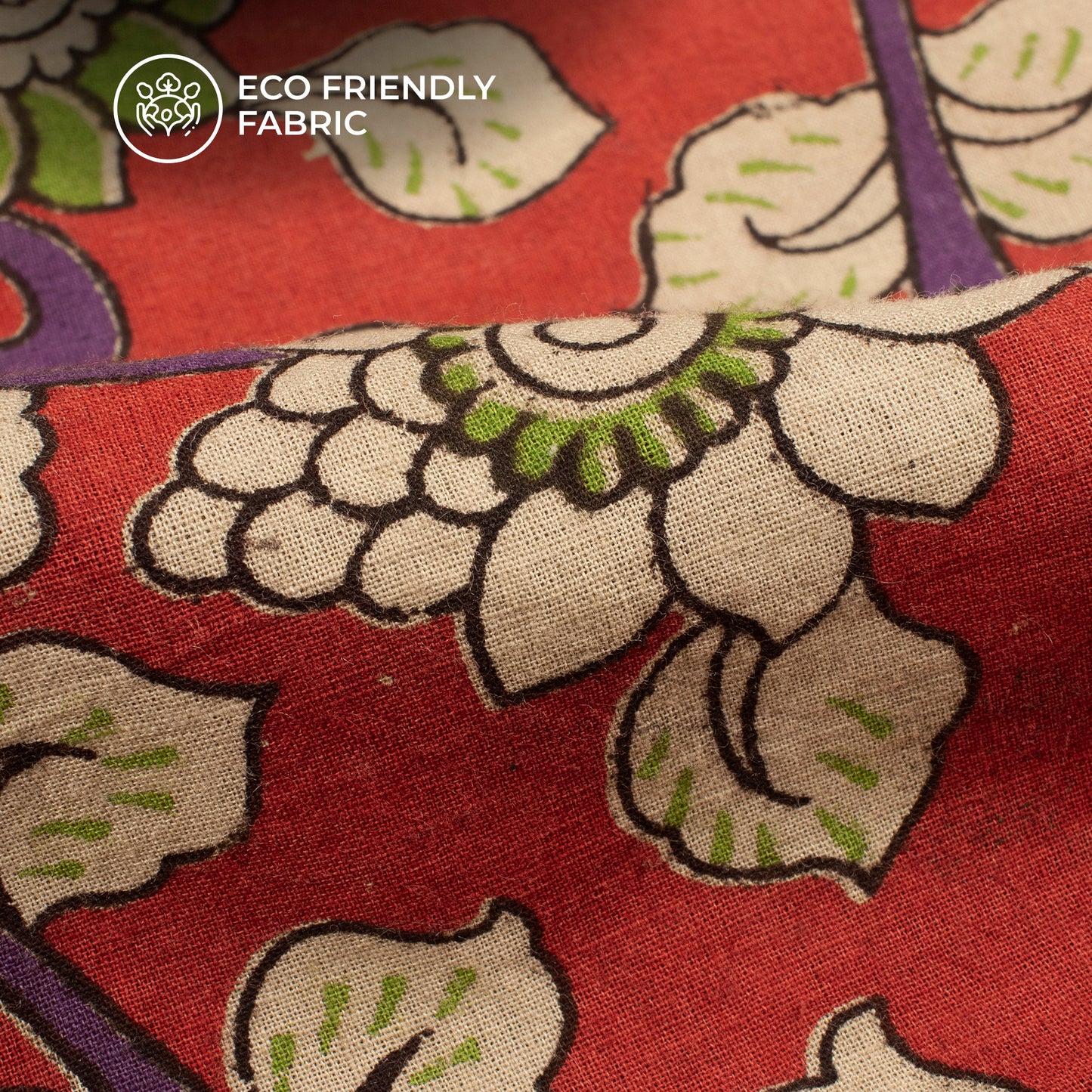 Vermillion Red And Kelly Green Floral Kalamkari Cotton Fabric