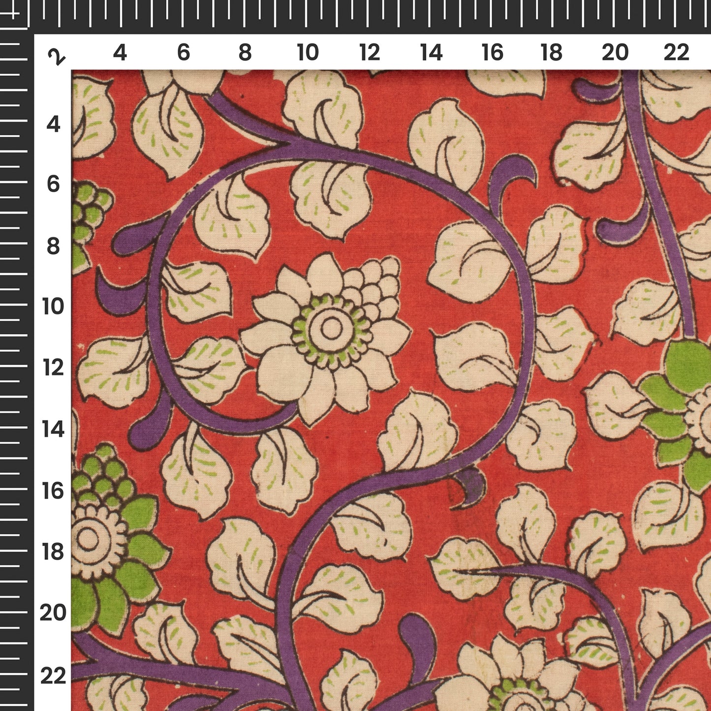 Vermillion Red And Kelly Green Floral Kalamkari Cotton Fabric