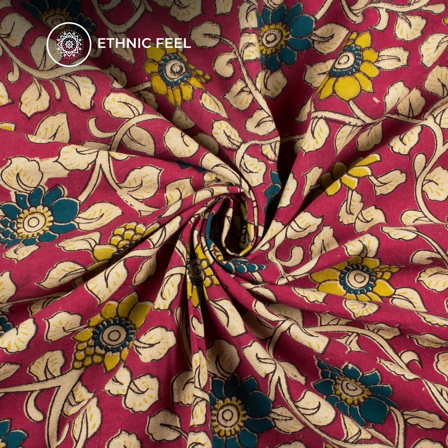 Rich Maroon And Teal Blue Floral Kalamkari Cotton Fabric