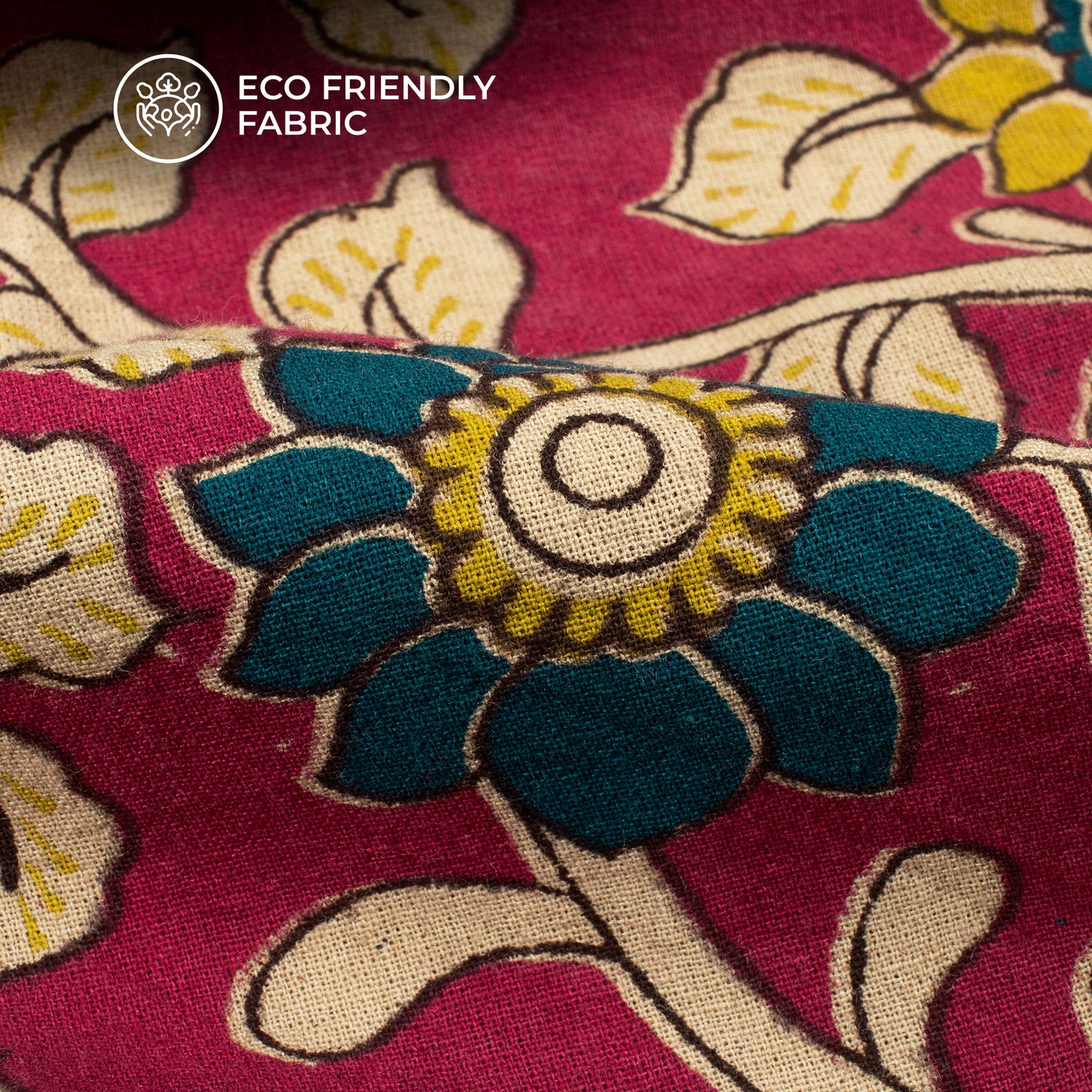 Rich Maroon And Teal Blue Floral Kalamkari Cotton Fabric