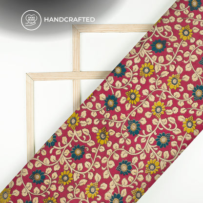Rich Maroon And Teal Blue Floral Kalamkari Cotton Fabric