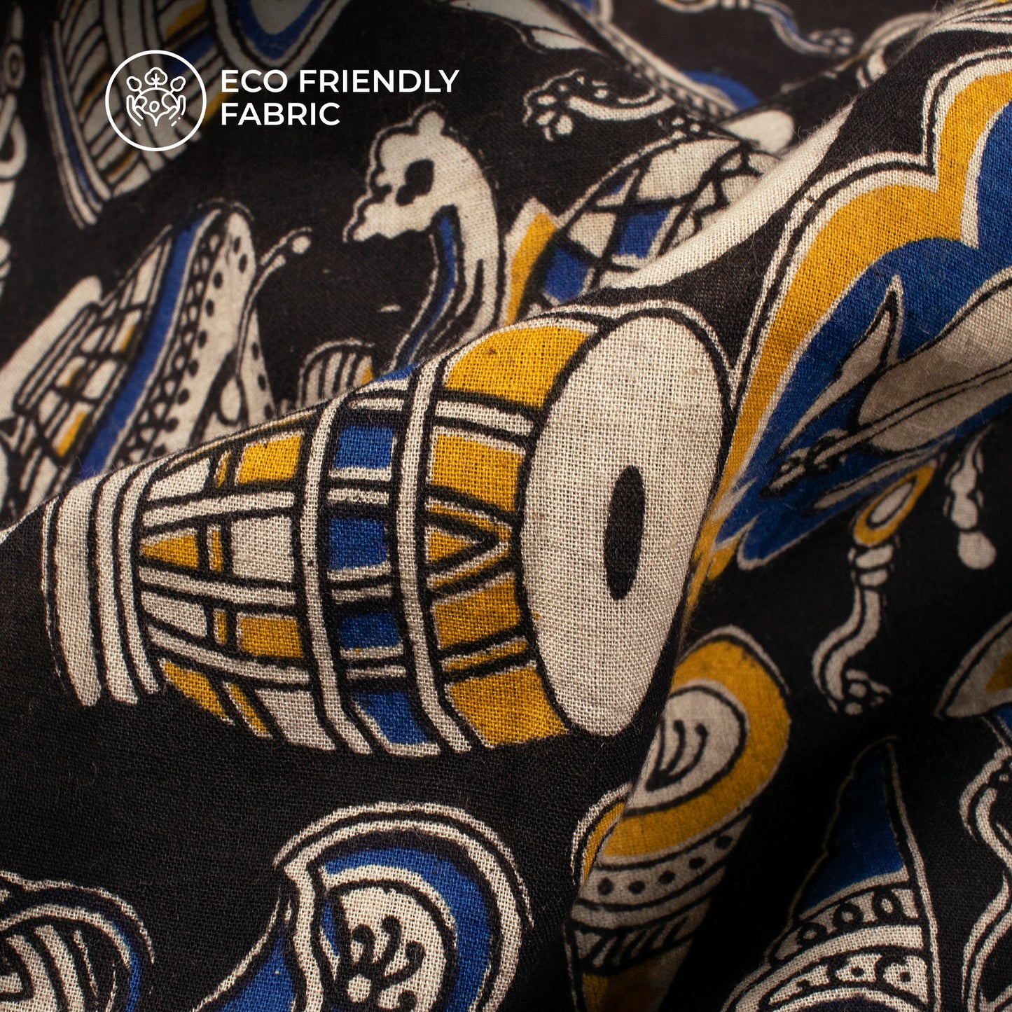 Black And Royal Blue Quirky Kalamkari Cotton Fabric