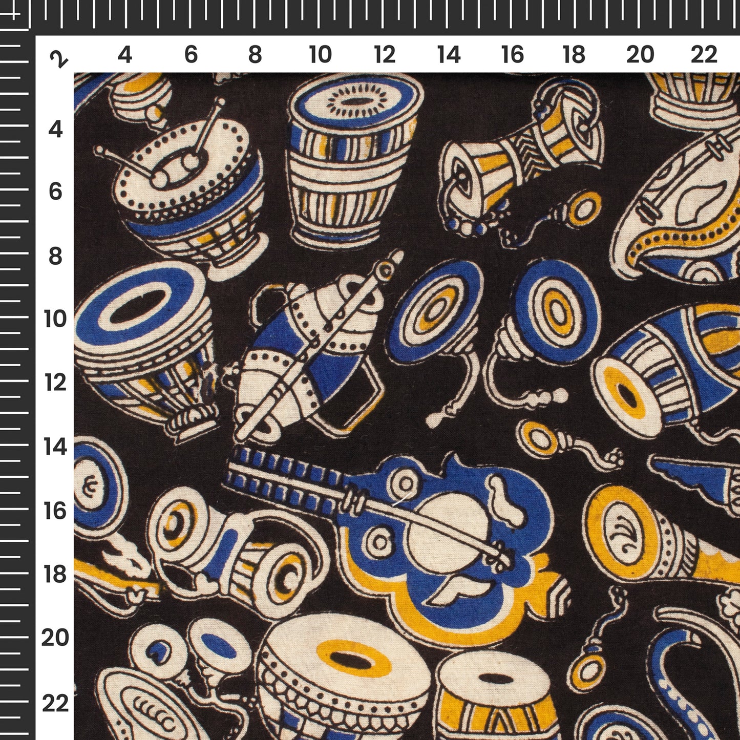 Black And Royal Blue Quirky Kalamkari Cotton Fabric