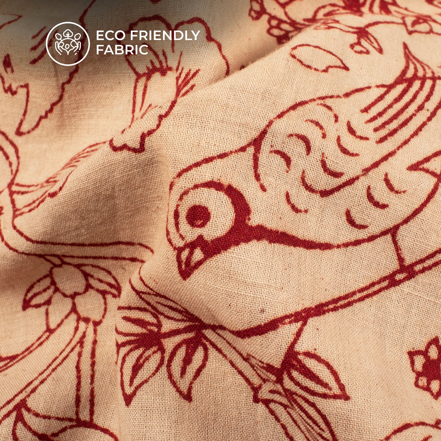 Maroon And Beige Bird Kalamkari Cotton Fabric