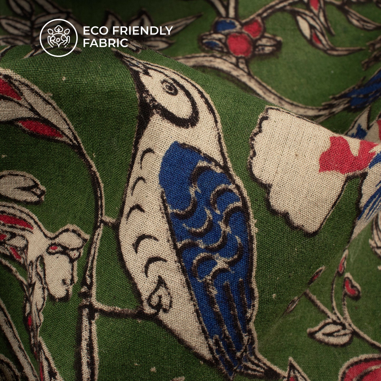 Royal Blue Hunter Green Bird Kalamkari Cotton Fabric