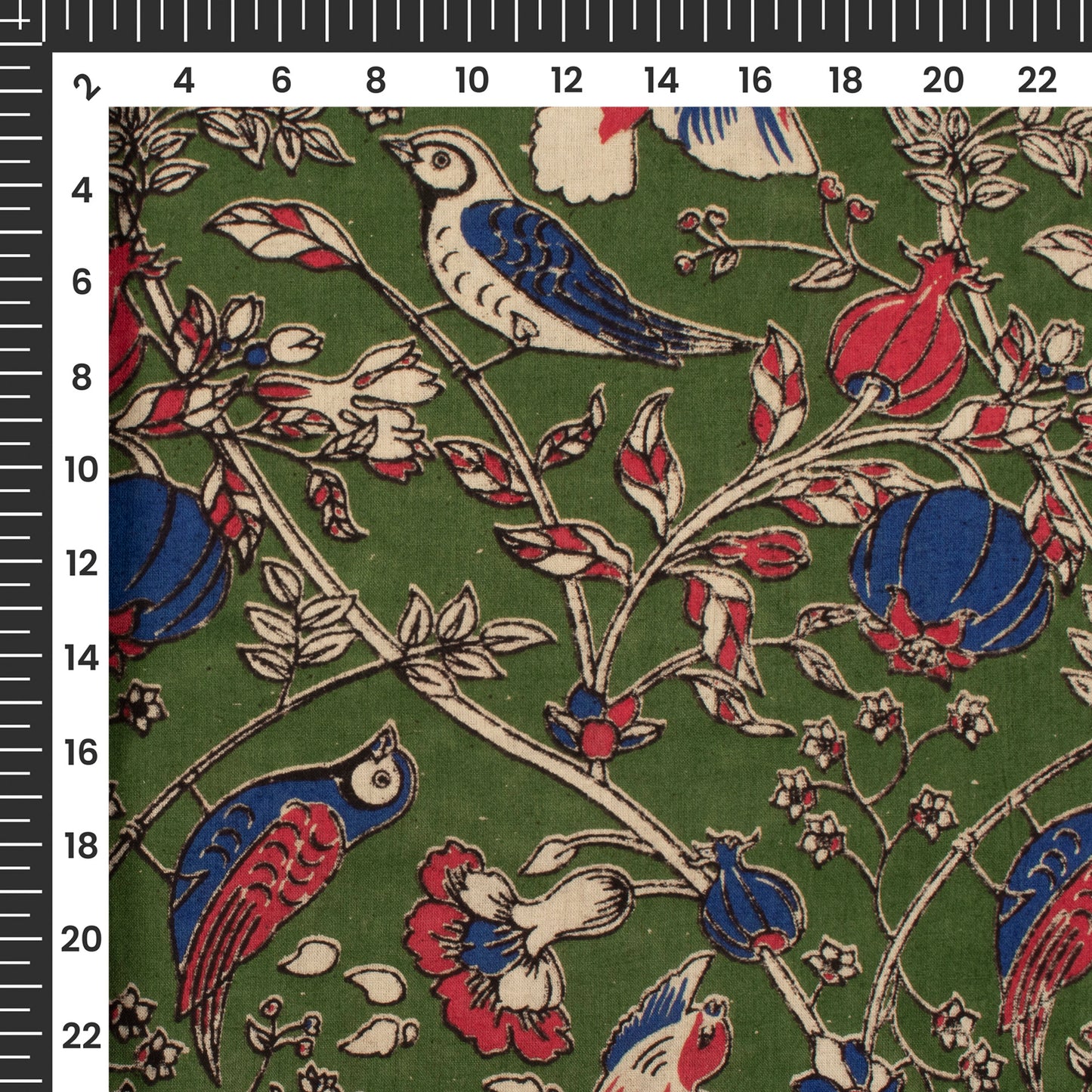 Royal Blue Hunter Green Bird Kalamkari Cotton Fabric