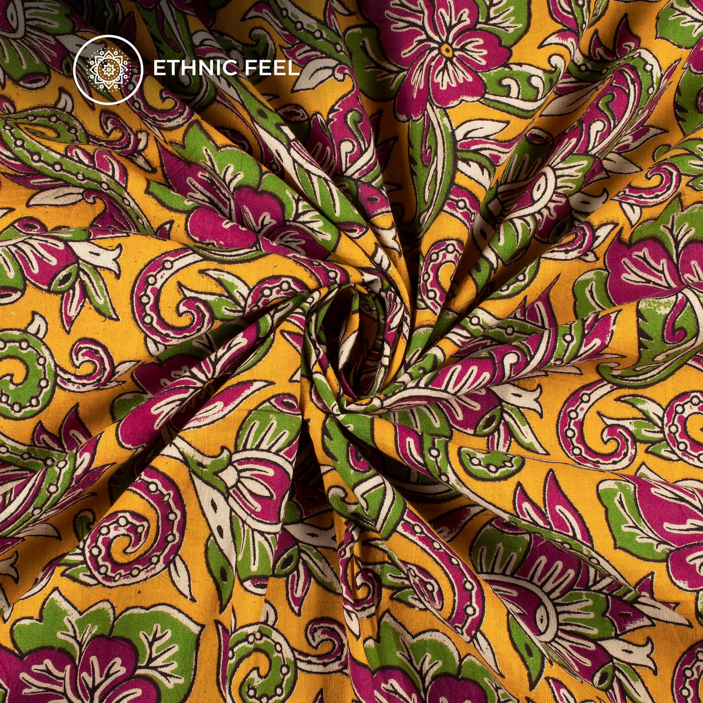 Amber Yellow And Rich Maroon Floral Kalamkari Cotton Fabric