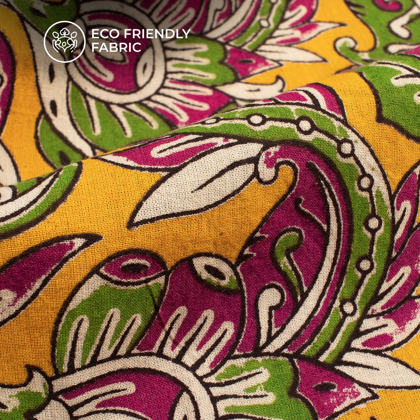 Amber Yellow And Rich Maroon Floral Kalamkari Cotton Fabric