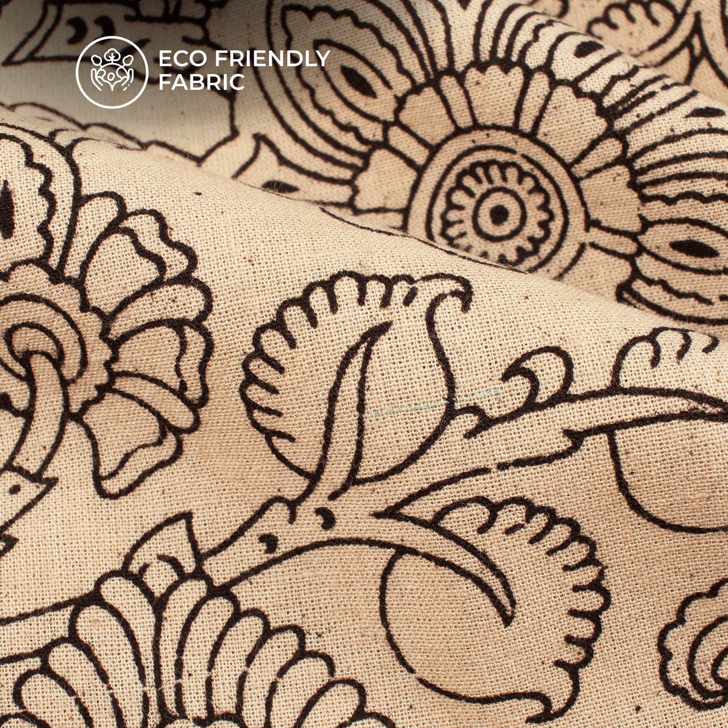 Black And Beige Floral Kalamkari Cotton Fabric