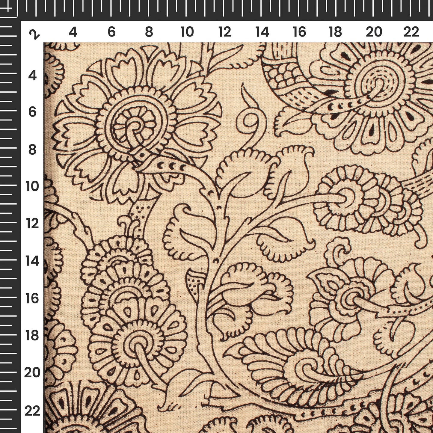 Black And Beige Floral Kalamkari Cotton Fabric