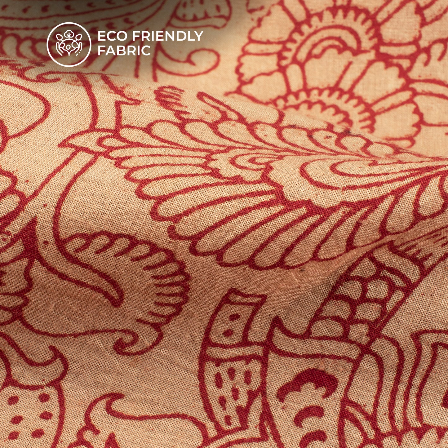 Burnt Umber Brown And Beige Floral Kalamkari Cotton Fabric