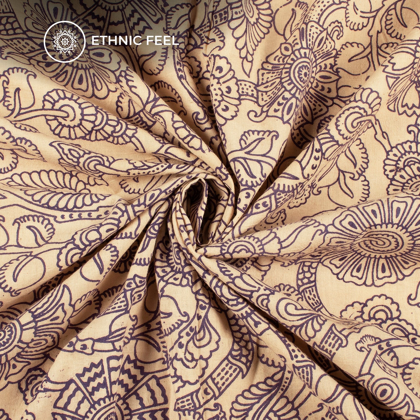 Grape Purple And Beige Floral Kalamkari Cotton Fabric