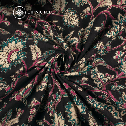 Castleton Green And Falu Red Floral Kalamkari Cotton Fabric