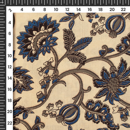 Admiral Blue And Beige Floral Kalamkari Cotton Fabric