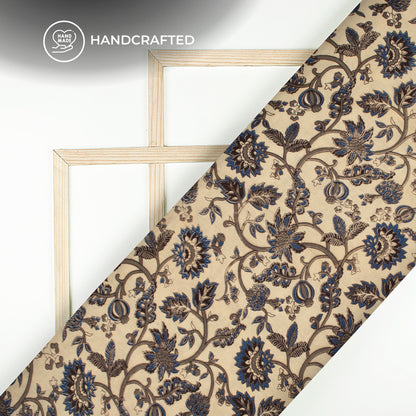 Admiral Blue And Beige Floral Kalamkari Cotton Fabric