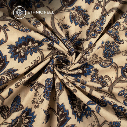 Admiral Blue And Beige Floral Kalamkari Cotton Fabric