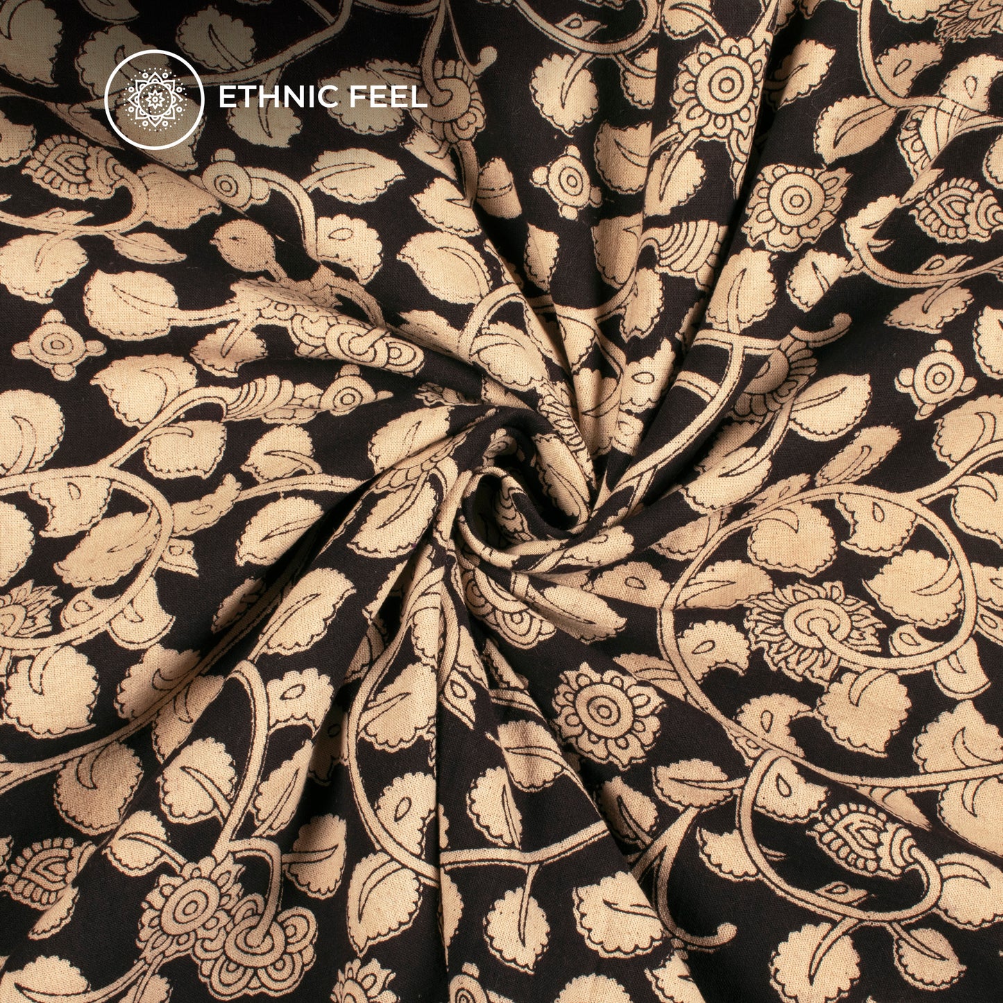 Brown And Beige Floral Kalamkari Cotton Fabric