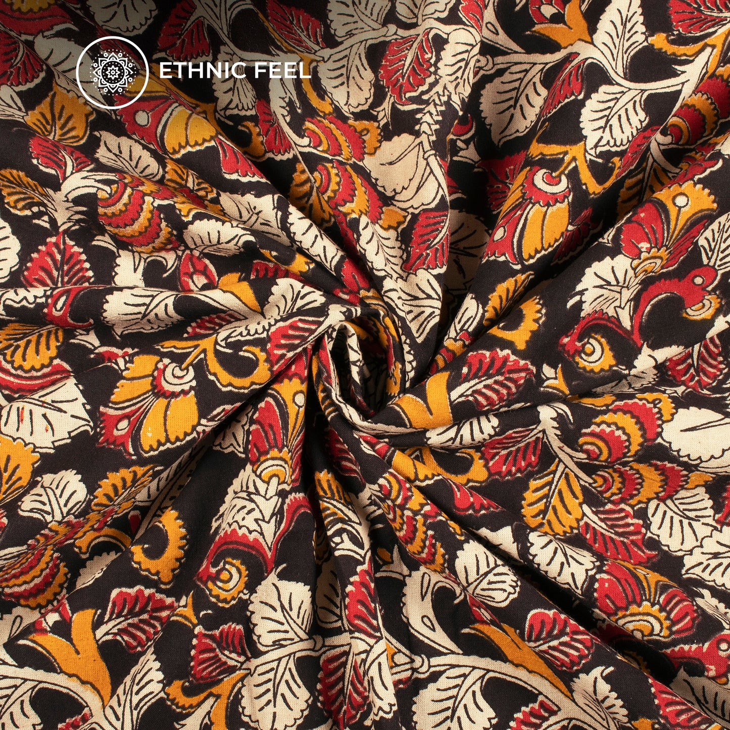 Carmine Red And Amber Yellow Floral Kalamkari Cotton Fabric