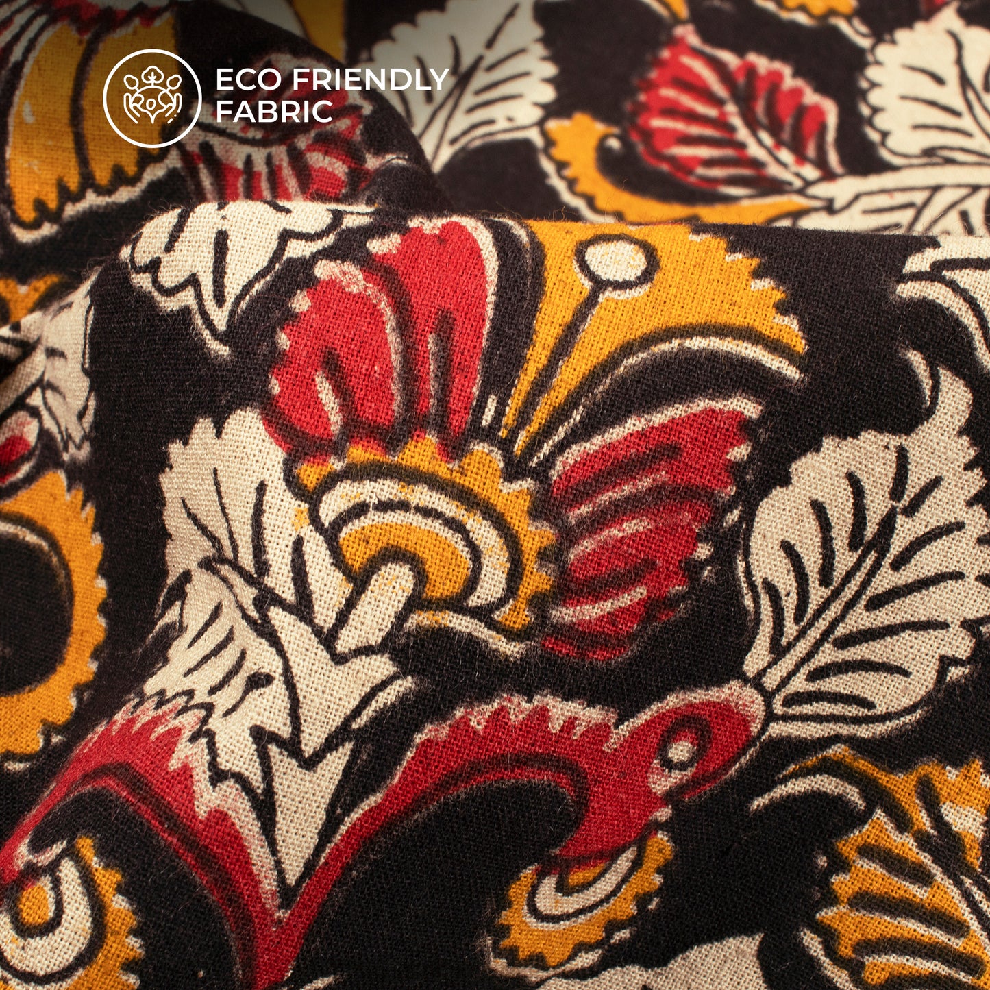 Carmine Red And Amber Yellow Floral Kalamkari Cotton Fabric