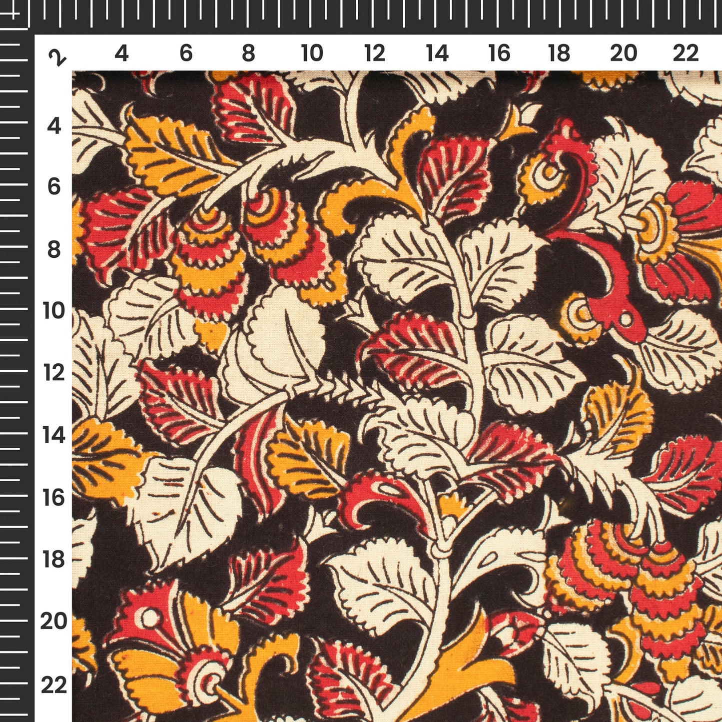 Carmine Red And Amber Yellow Floral Kalamkari Cotton Fabric