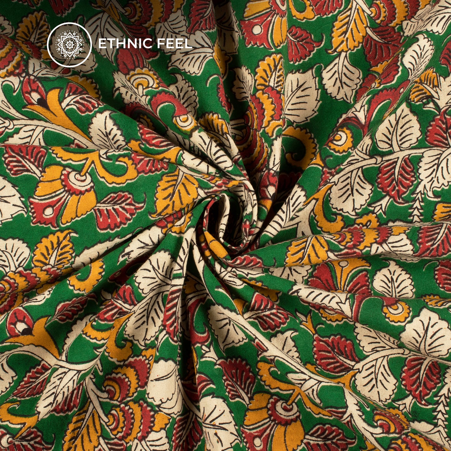 Carmine Red And Dark Green Floral Kalamkari Cotton Fabric