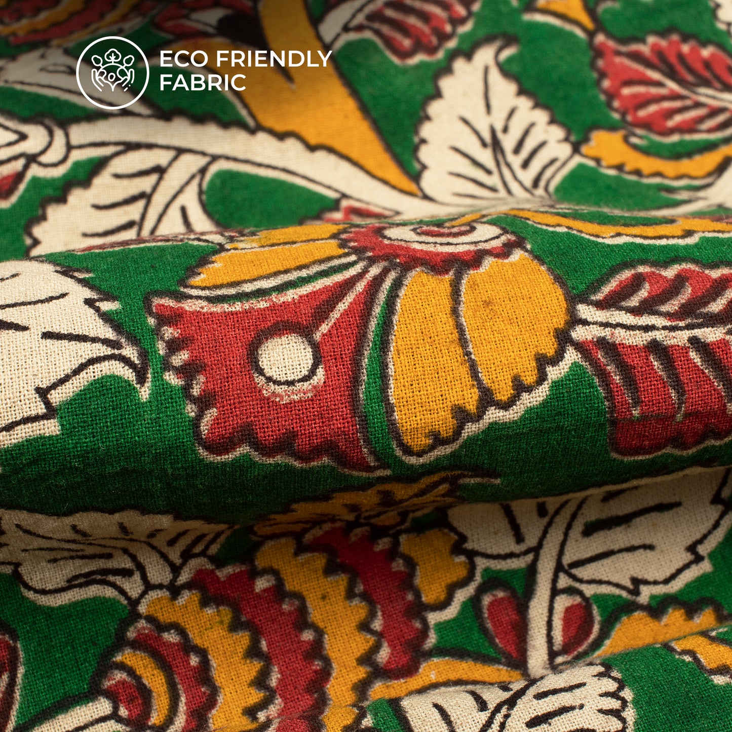 Carmine Red And Dark Green Floral Kalamkari Cotton Fabric