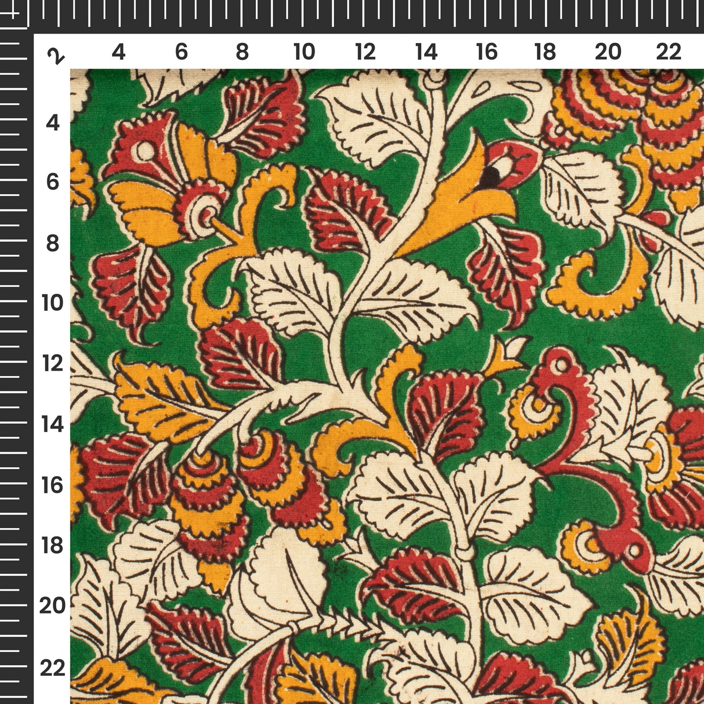 Carmine Red And Dark Green Floral Kalamkari Cotton Fabric