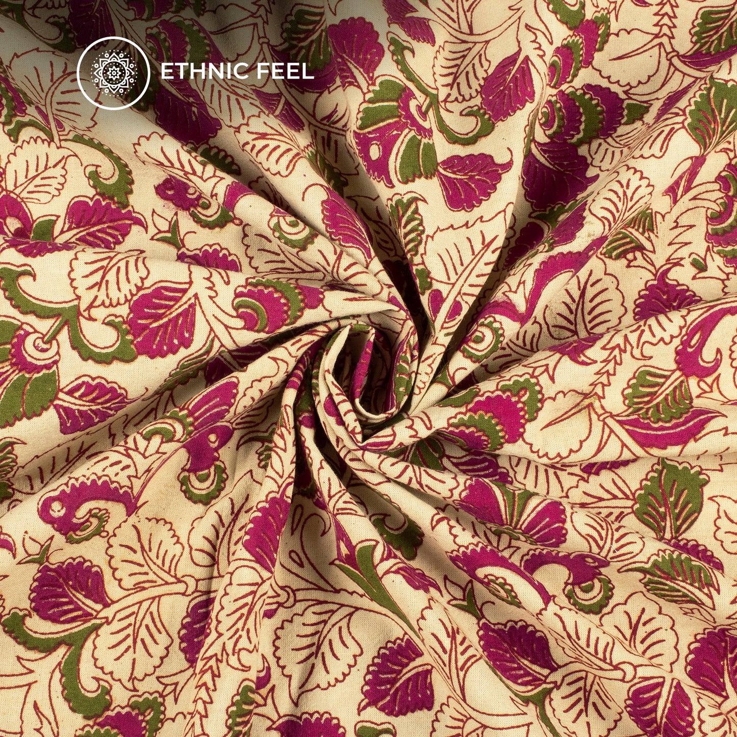 Dark Pink And Sea Green Floral Kalamkari Cotton Fabric