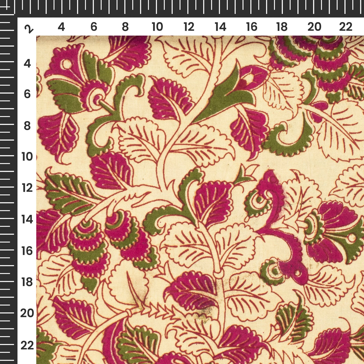 Dark Pink And Sea Green Floral Kalamkari Cotton Fabric