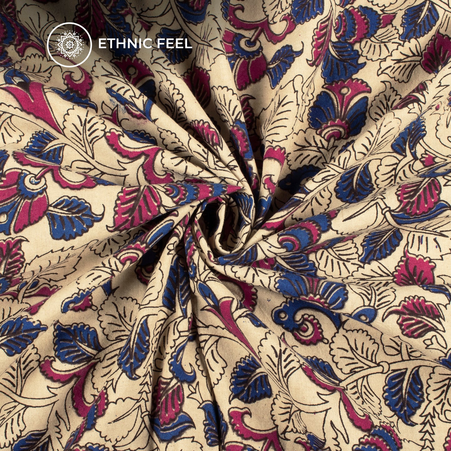 Blue And Pium Floral Kalamkari Cotton Fabric