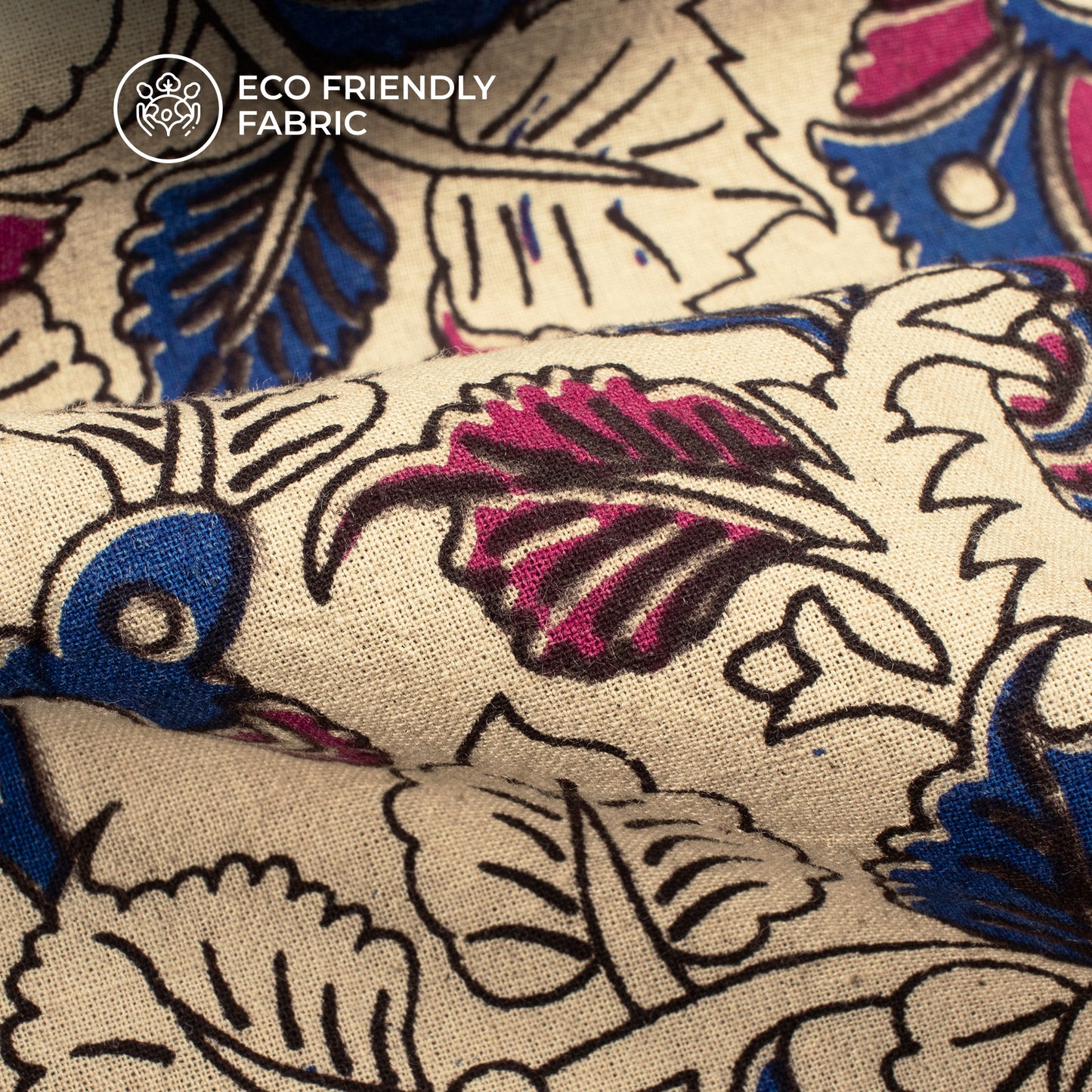 Blue And Pium Floral Kalamkari Cotton Fabric