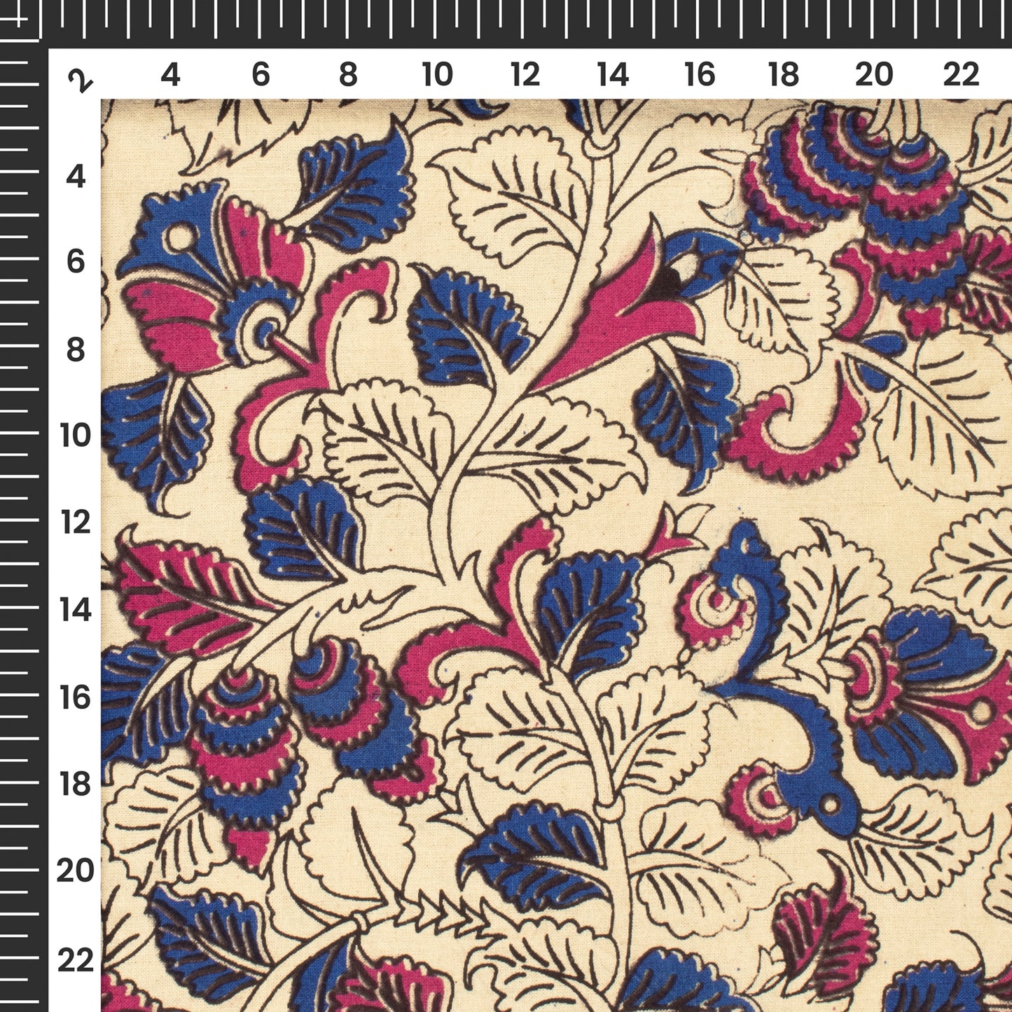 Blue And Pium Floral Kalamkari Cotton Fabric