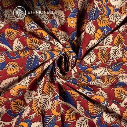 Amber And Blue Floral Kalamkari Cotton Fabric