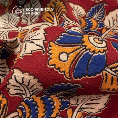 Amber And Blue Floral Kalamkari Cotton Fabric