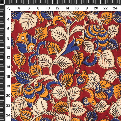 Amber And Blue Floral Kalamkari Cotton Fabric