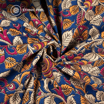 Byzantium Purple And Amber Floral Kalamkari Cotton Fabric