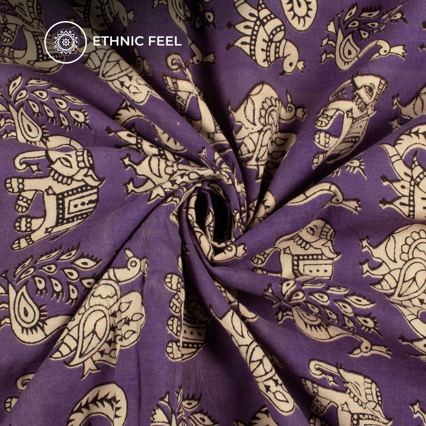 Iris Purple And Beige Bird Kalamkari Cotton Fabric