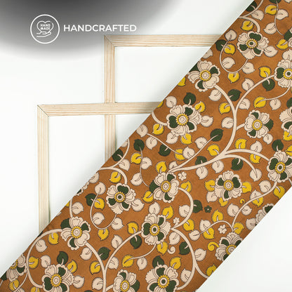 Castleton Green And Sepia Floral Kalamkari Cotton Fabric