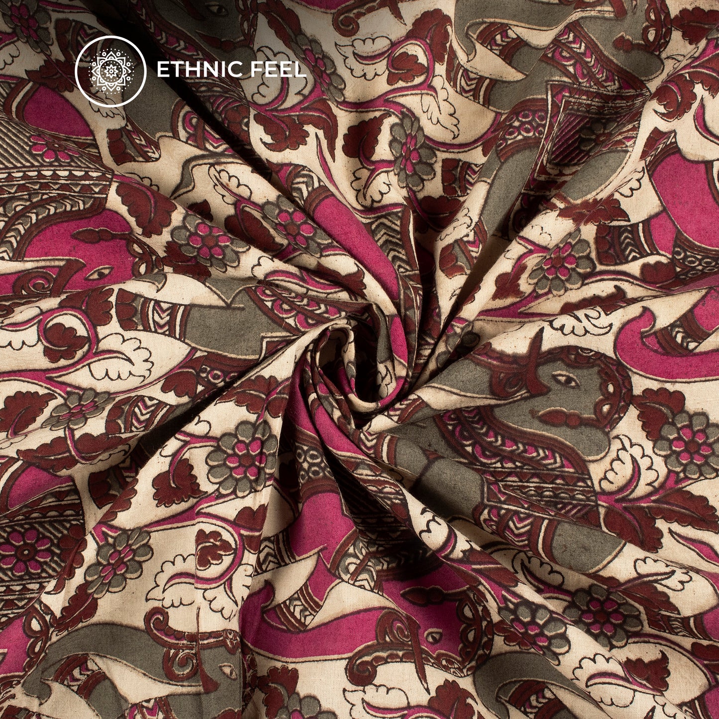 Dark Pink And Fossil Grey Animal Kalamkari Cotton Fabric