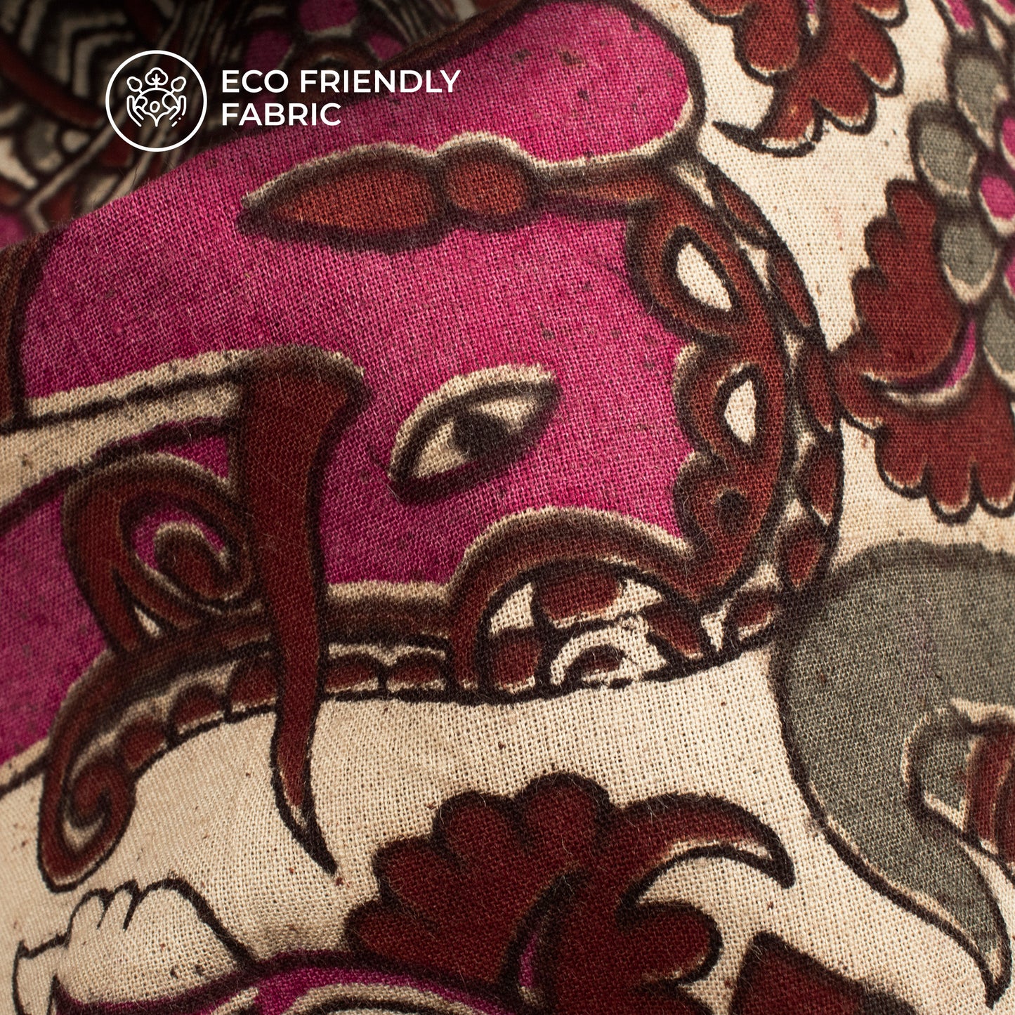 Dark Pink And Fossil Grey Animal Kalamkari Cotton Fabric