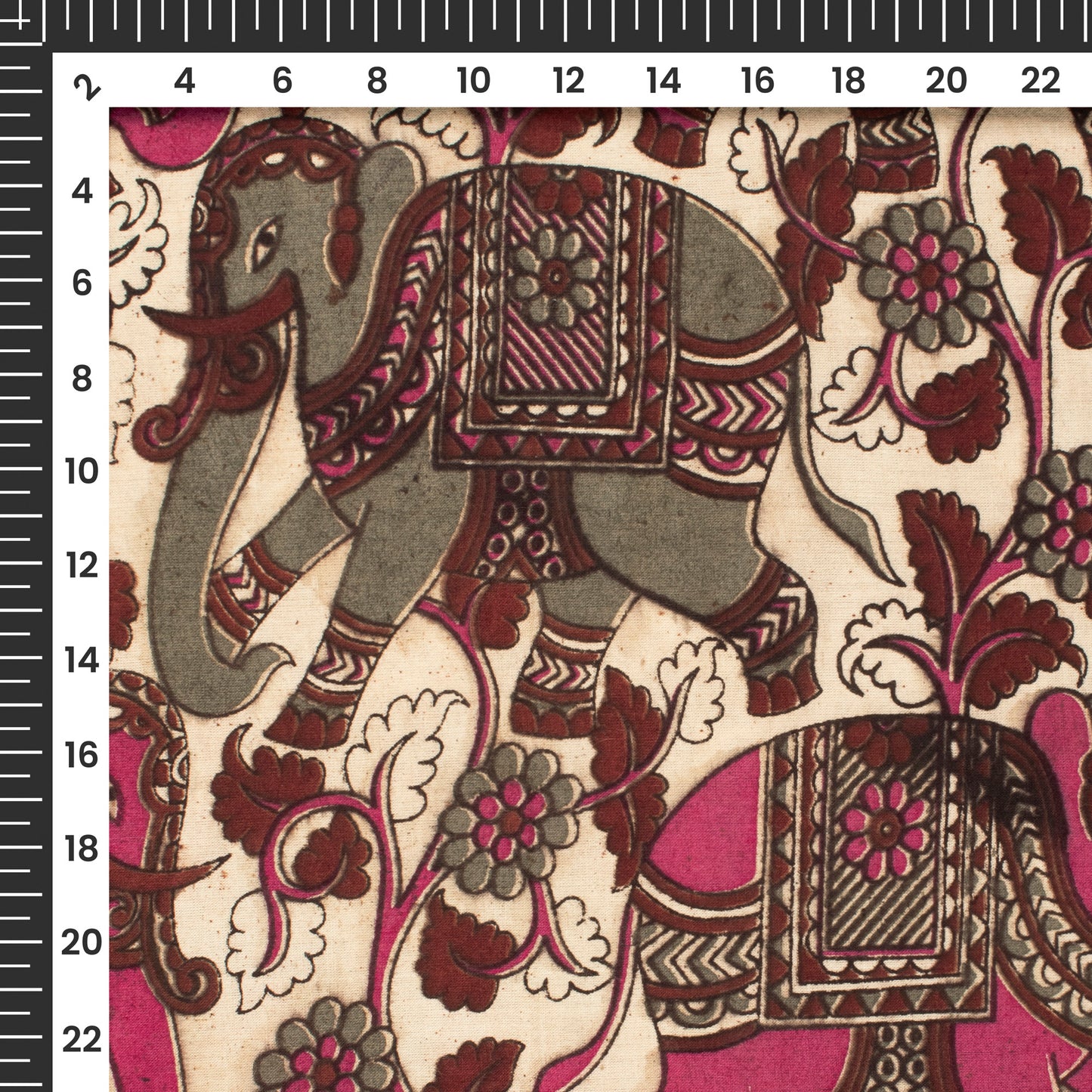 Dark Pink And Fossil Grey Animal Kalamkari Cotton Fabric